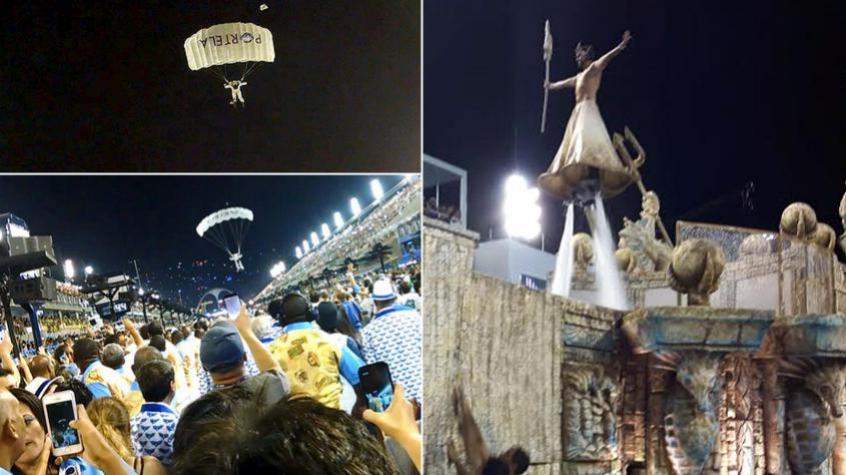 Paraquedismo e flyboard foram utilizados pela Portela para animar o público na Sapucaí (Fotos: LANCE!Press)