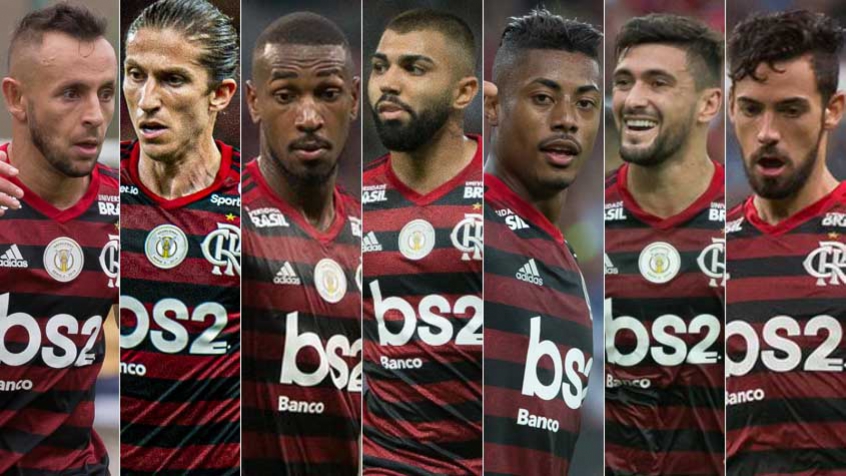 Montagem - Rafinha, Filipe Luís , Gerson, Gabigol, Bruno Henrique, Arrascaeta, Pablo Marí