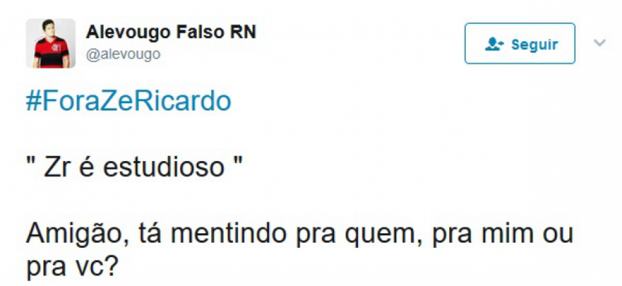 Rubro-negros postaram #ForaZeRicardo e assunto virou o mais falado no Twitter na noite de domingo