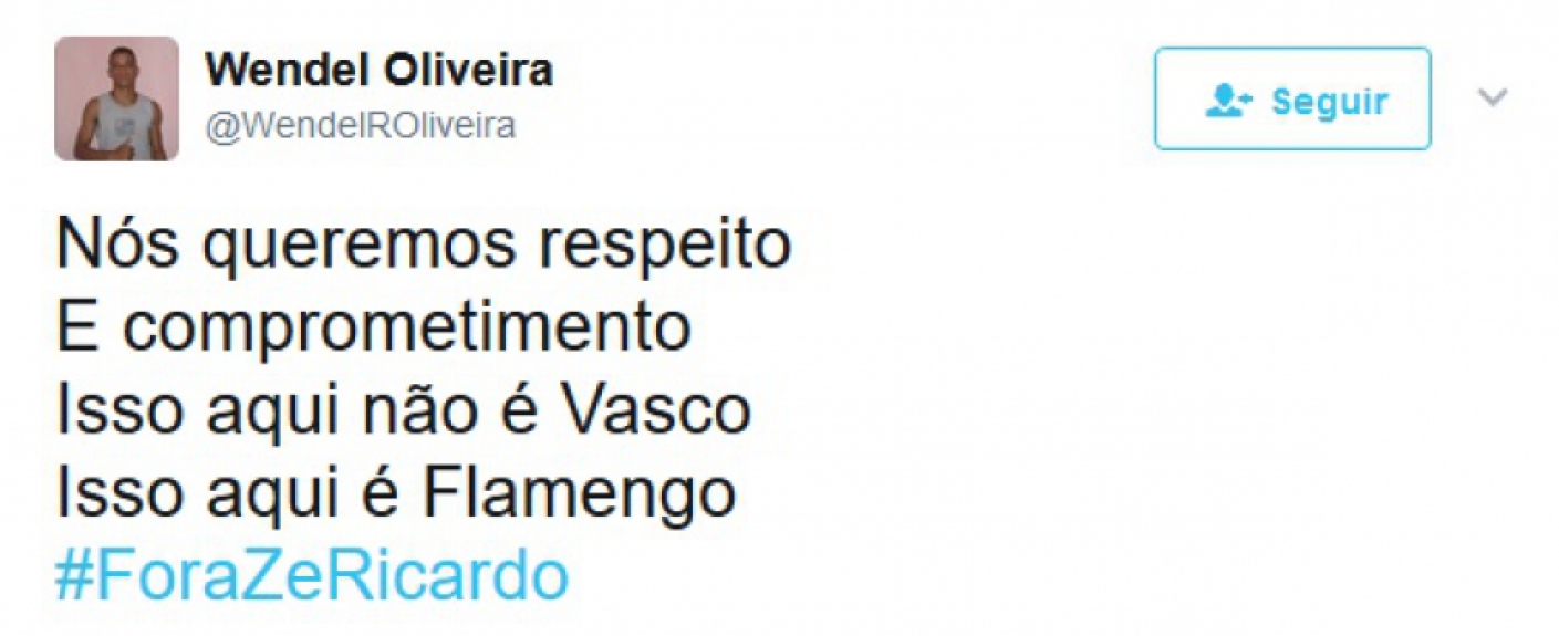Rubro-negros postaram #ForaZeRicardo e assunto virou o mais falado no Twitter na noite de domingo