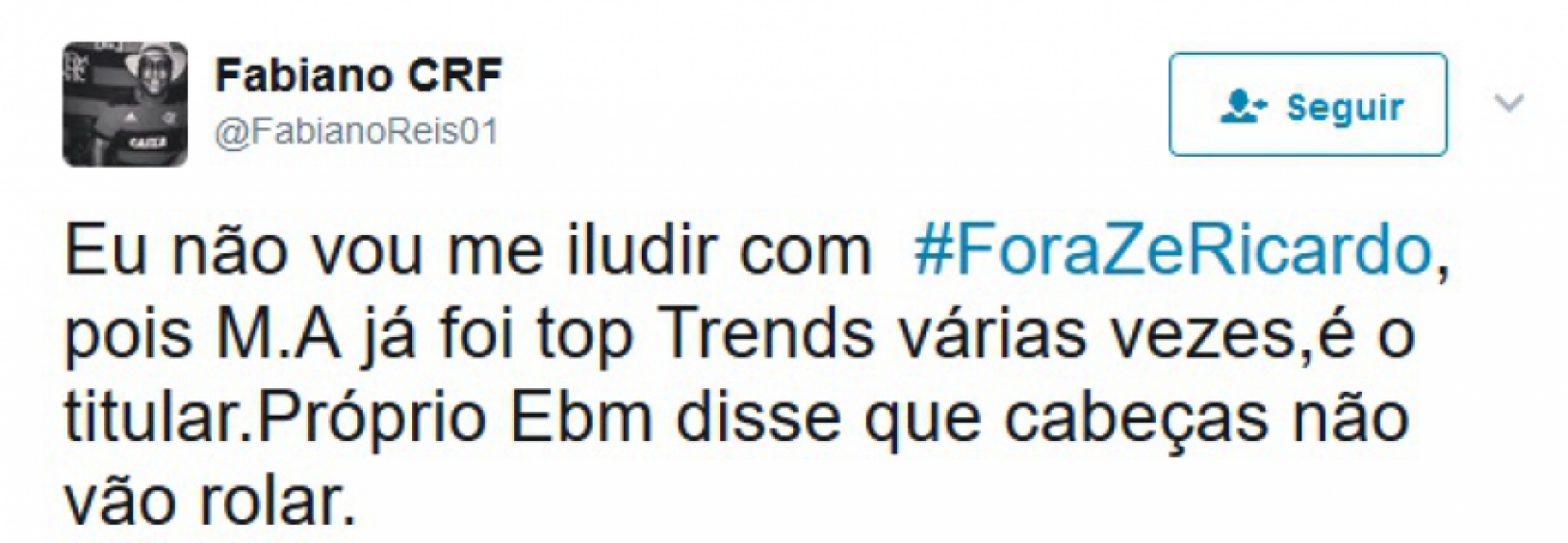 Rubro-negros postaram #ForaZeRicardo e assunto virou o mais falado no Twitter na noite de domingo