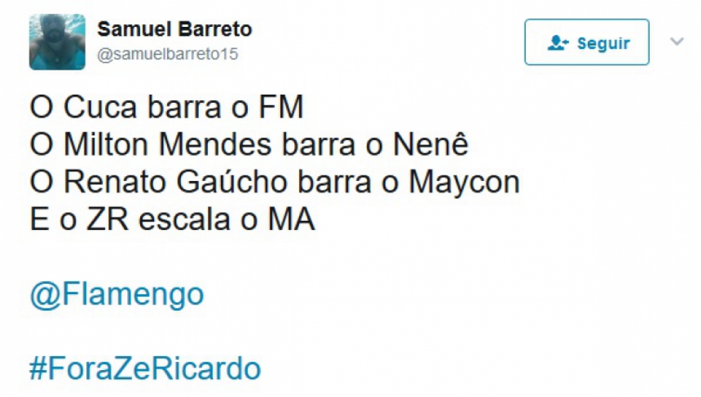 Rubro-negros postaram #ForaZeRicardo e assunto virou o mais falado no Twitter na noite de domingo