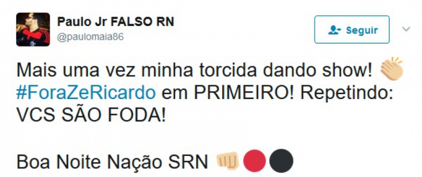 Rubro-negros postaram #ForaZeRicardo e assunto virou o mais falado no Twitter na noite de domingo