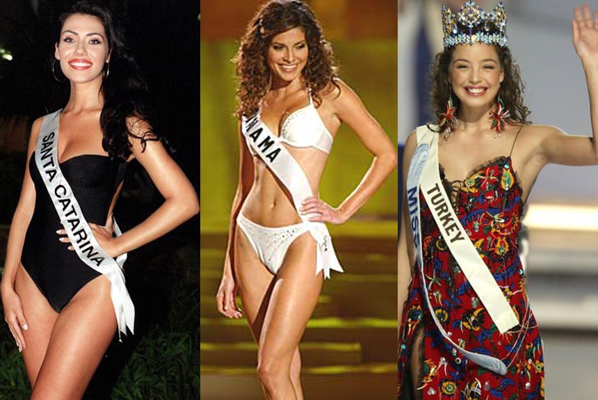 Ta&iacute;za Thomsen (Miss Brasil 2002) a panamenha Justine Pasek (Miss Universo) e a turca Azra Akin (Miss Mundo)