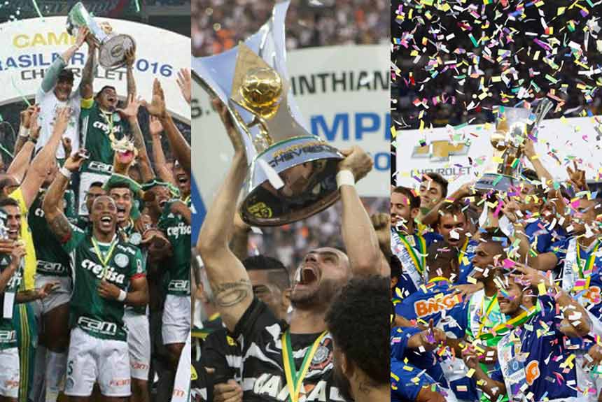 campeões com a taça. Palmeiras-16, Corinthians-15 e Cruzeiro-14