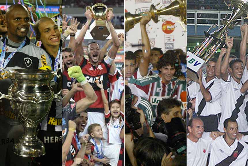 Montagem com o Botafogo campeão carioca de 2013, Fla campeão carioca de 2017, Flu campeão carioca de 2005 e Vasco campeão carioca de 2003