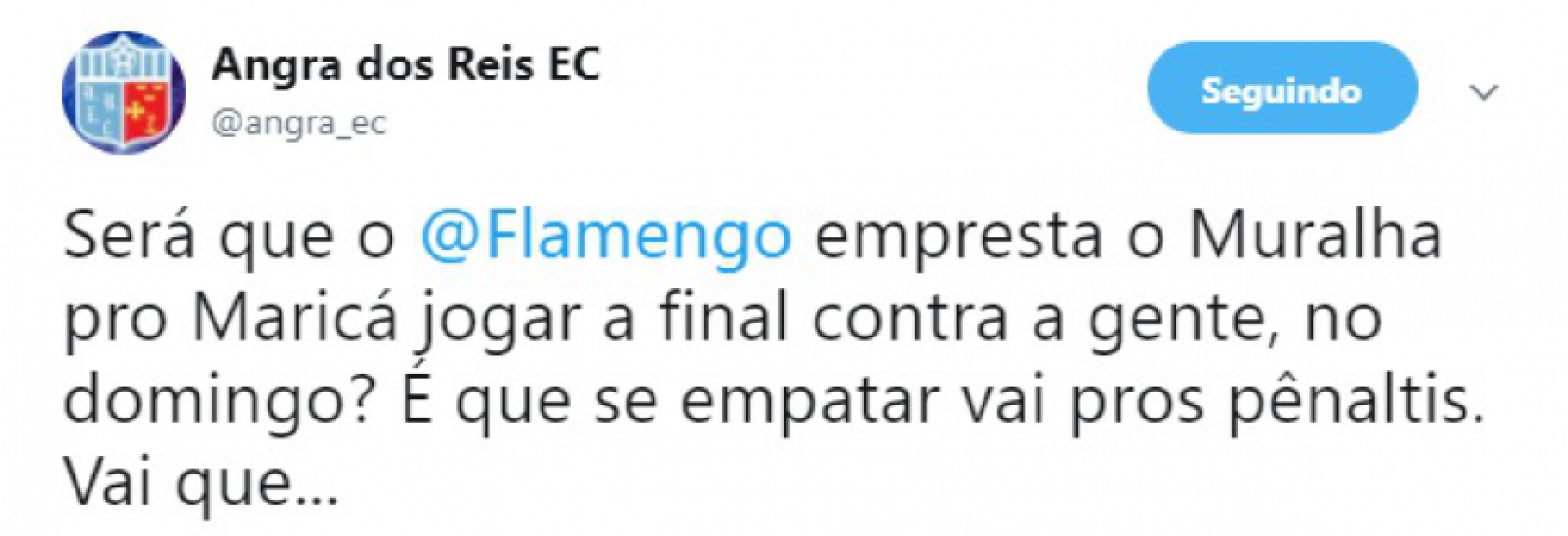 O Angra dos Reis &eacute; uma das mais novas sensa&ccedil;&otilde;es das redes sociais. Em um dos posts, o clube do interior do Rio de Janeiro tentou empurrar o goleiro Muralha para o Maric&aacute;, advers&aacute;rio da final do segundo turno da S&eacute;rie B2 do Campeonato Carioca