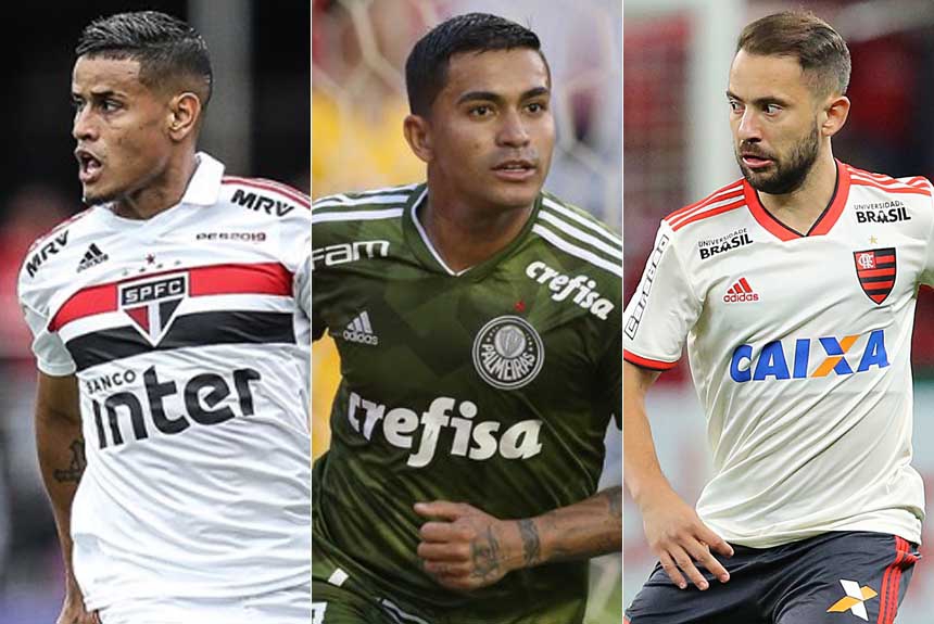 Montagem - &Eacute;verton (S&atilde;o Paulo), Dudu (Palmeiras) e &Eacute;verton Ribeiro (Flamengo)