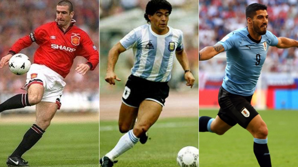 Montagem - Eric Cantona (Manchester United), Maradona (Argentina) e Su&aacute;rez (Uruguai)