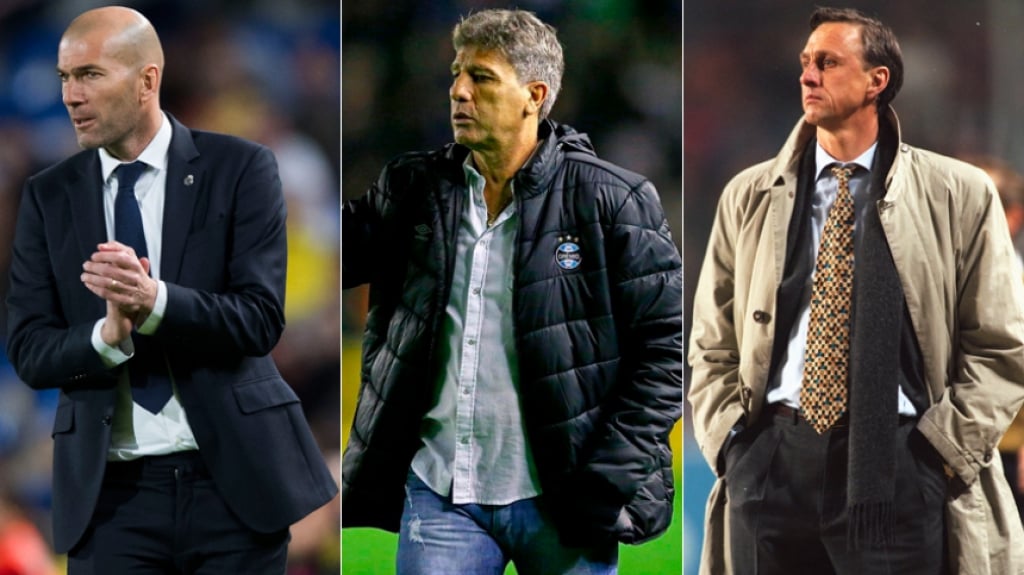 Montagem - Zinedine Zidane (Real Madrid), Renato Gaúcho (Grêmio) e Johan Cruyff (Barceona)