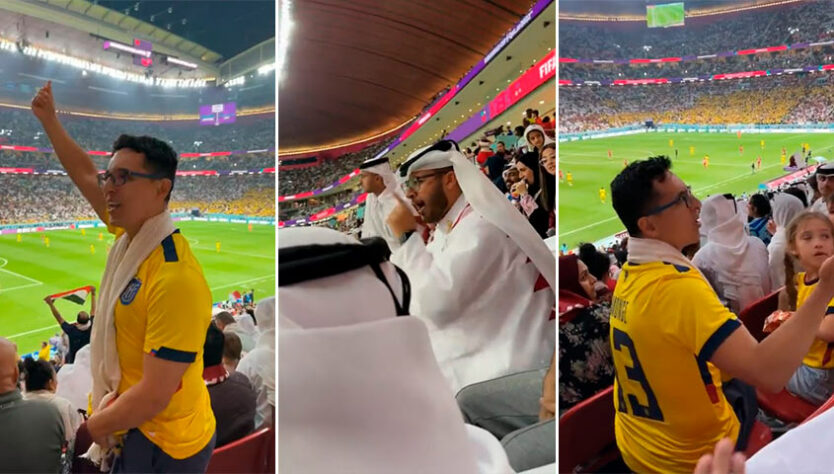 Também teve vídeo de dentro do estádio viralizando logo no primeiro dia. Um torcedor do Equador fez gesto insinuando que a arbitragem havia sido comprada pelo Qatar. A atitude gerou discussão com um torcedor local.