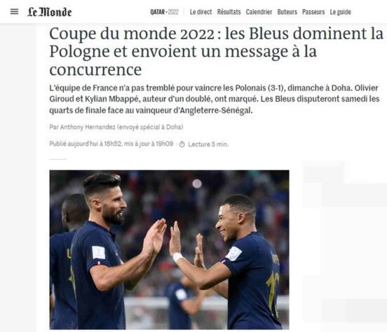 'Recado à concorrência': o 'Le Monde' classificou a atuação francesa como dominante e deixou o alerta às seleções que pretendem disputar o título mundial. 