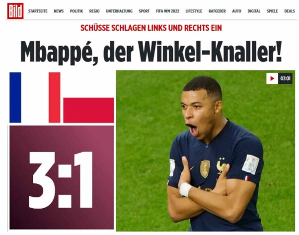 O 'Bild' destacou os dois gols de Mbappé, um em cada ângulo, em sua manchete sobre a partida. 