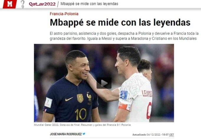 'Se compara com as lendas': o gol marcado por Mbappé na partida foi o seu nono em Copas do Mundo. Dessa forma, o 'Marca', da Espanha, relembrou que o atacante francês se igualou a Messi e superou Maradona e Cristiano Ronaldo na artilharia historia do torneio. 