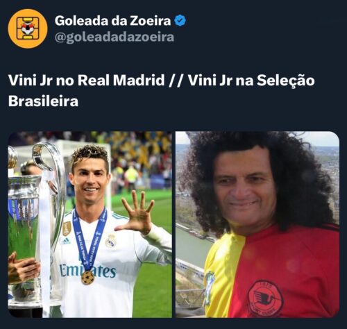 Acho que a Seleção tem que produzir uma camisa branca pro Vinícius Júnior achar que está no Real Madrid. Aprovam a ideia?