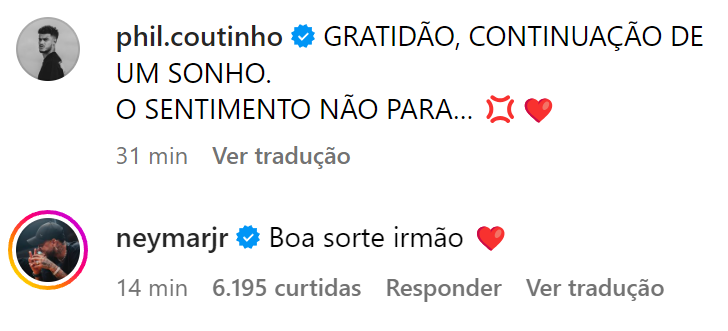 Grande parceiro de Coutinho na Seleção Brasileira, Neymar desejou boa sorte ao jogador, em comentário no Instagram.