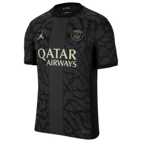 A terceira camisa do PSG para a temporada 2023-2024 adotou um modelo da cor preta, com detalhes do escudo e patrocinadores dourados, além de possuir uma estampa diferente do habitual do clube francês.