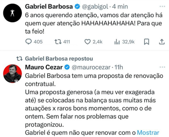 Mauro Cezar x Gabigol: o jornalista e o camisa 99 do Flamengo discutiram no X sobre a renovação do atacante com o clube Rubro-Negro.