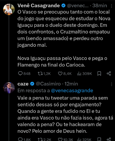 Venê Casagrande x Casimiro: os jornalistas discutiram no X após a partida entre Vasco e Nova Iguaçu pelo campeonato carioca 2024. 