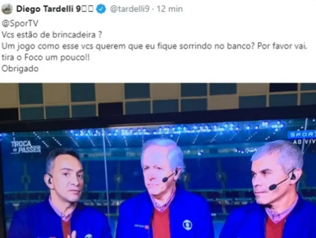 Diego Tardelli x SportTV: o atacante do Grêmio rebateu as críticas de comentaristas do SporTV sobre estar chateado por começar a partida no banco de reservas 