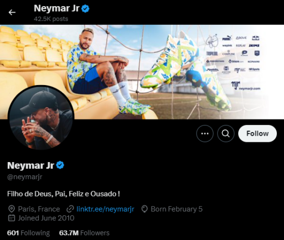 Neymar aparece abaixo, com 63,7 milhões de seguidores, quase metade