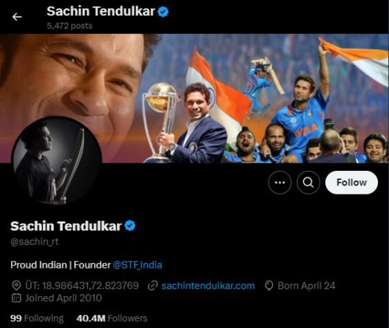 Sachin Tendulkar, jogador de críquete, aparece na lista com 40,4 milhões de seguidores