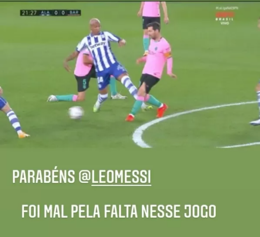 Para desejar feliz aniversário a Lionel Messi, Deyverson compartilhou a mensagem com uma foto cometendo uma falta no craque argentino.