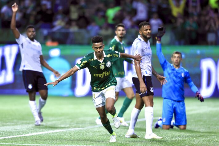 Estêvão comemorando o gol que deu a vitória ao Palmeiras sobre o Grêmio