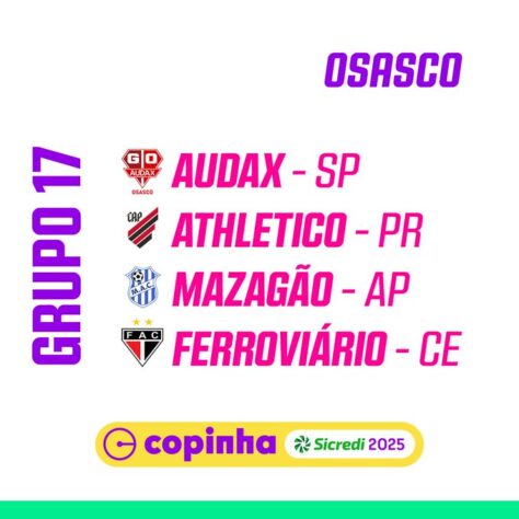 Em Osasco, o grupo 17 é Audax-SP, Athletico-PR, Mazagçao e Ferroviário-CE