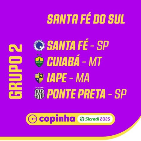 Em Santa Fé do Sul, o grupo 2 é Santa Fé, Cuiabá, Iape e Ponte Preta