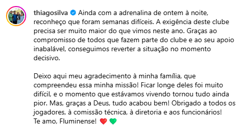 Thiago Silva fez postagem no Instagram sobre a fuga do Fluminense do rebaixamento.