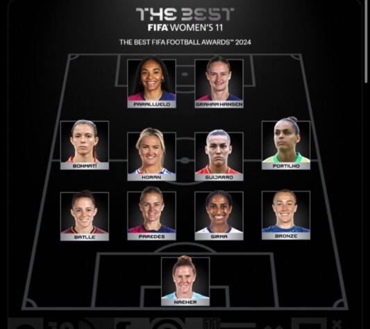 XI Feminino: Alyssa Naeher; Bronze, Girma, Paredes, Battle; Gabi Portilho, Guijarro, Horan, Bonmatí; Paralluelo e Hansen