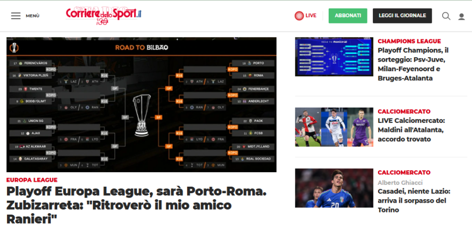 Corriere dello Sport (Itália): "Payoffs da Europa League terá Porto x Roma. | Sorteio dos playoffs da Champions: Juve x PSV, Milan x Feyenoord, Atalanta x Club Brugge"