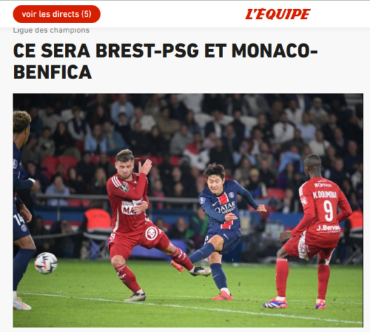 L'Equippé (França): Copa Europeia terá Brest x PSG e Monaco x Benfica"